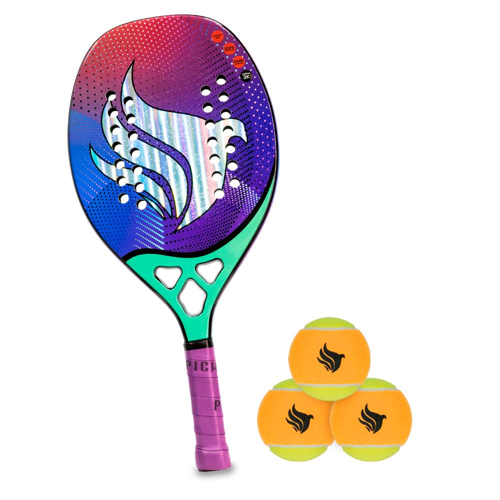 Kit Raquete De Beach Tennis Pichau Hawaiian Waves Face 3k Carbon + Kit Bolas de Beach Tennis Pichau, Com 3 Unidades