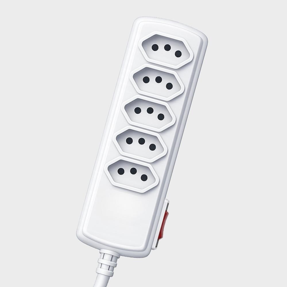 Filtro de Linha Extensão Régua Elétrica 5 Tomadas Bivolt Plug 90 Graus 10 Amperes Branco