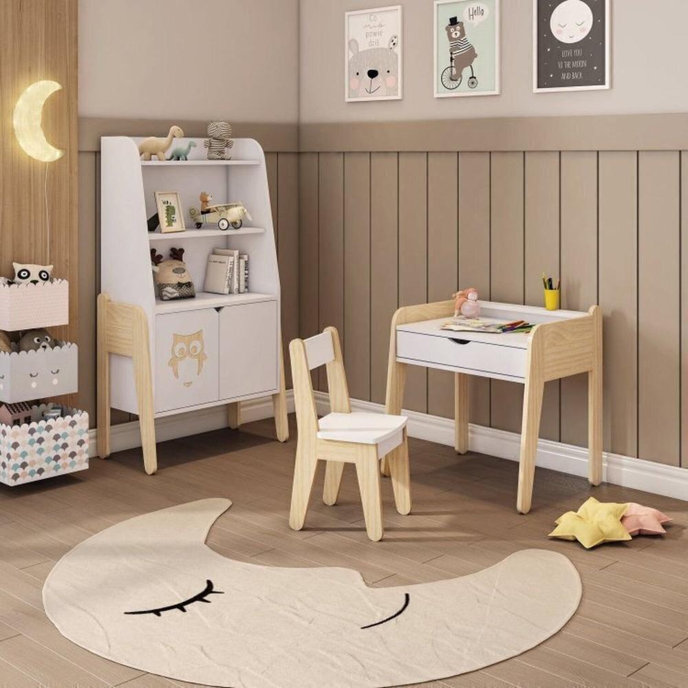 Conjunto Estante com Mesa e Cadeira Infantil Corujinha Casatema Branco/Marrom