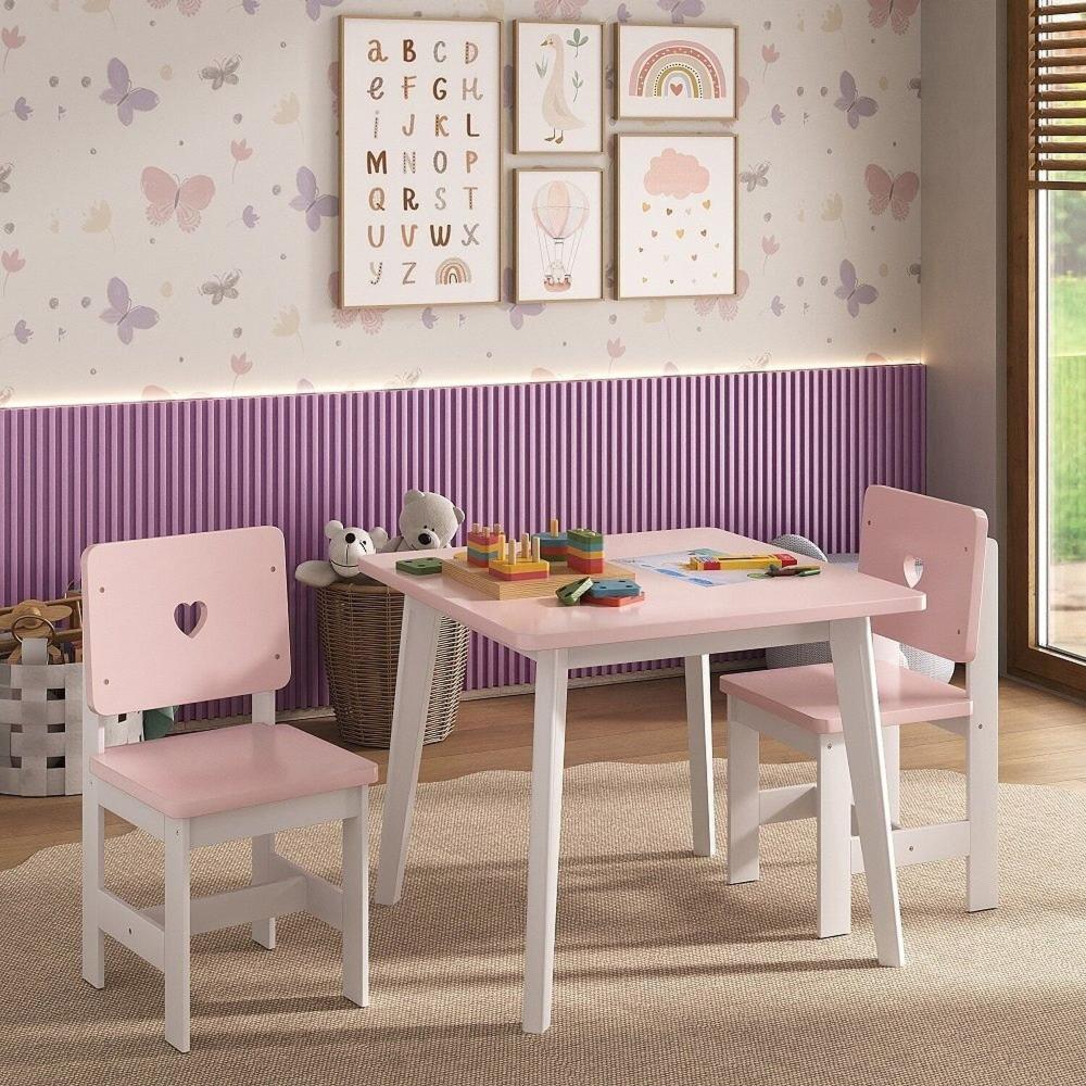 Conjunto Infantil Mesa com 2 Cadeiras Sofia Madeira Maçiça e MDF Rosa/Branco