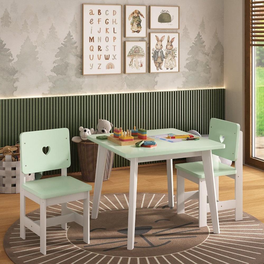 Conjunto Infantil Mesa com 2 Cadeiras Sofia Madeira Maçiça e MDF Verde/Branco