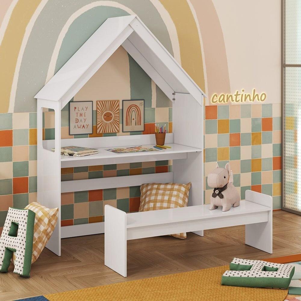 Escrivaninha Infantil Montessoriana Casinha 100% MDF com Banco Petra Espresso Móveis Branco/Brilho