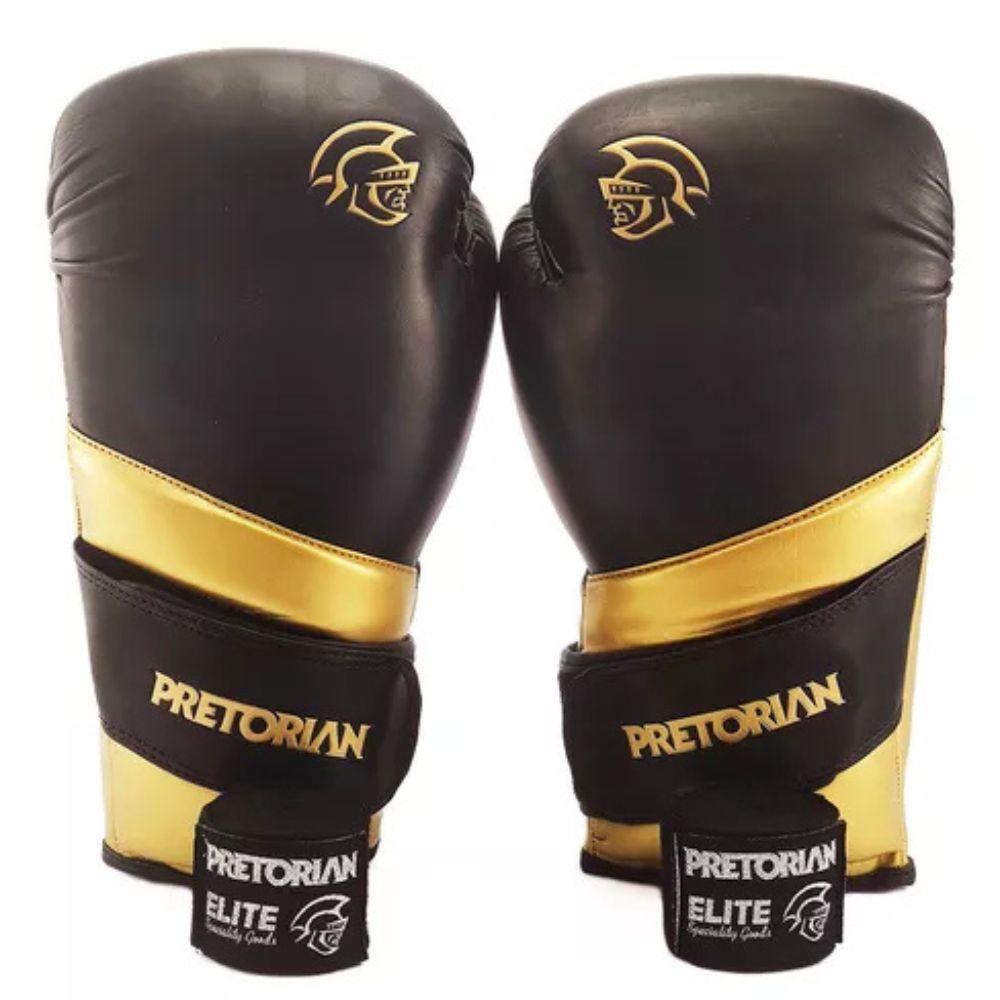 Kit Luva De Boxe Muay Thai Elite + Bandagem, Pretorian, Preto/ Dourado, 12 OZ