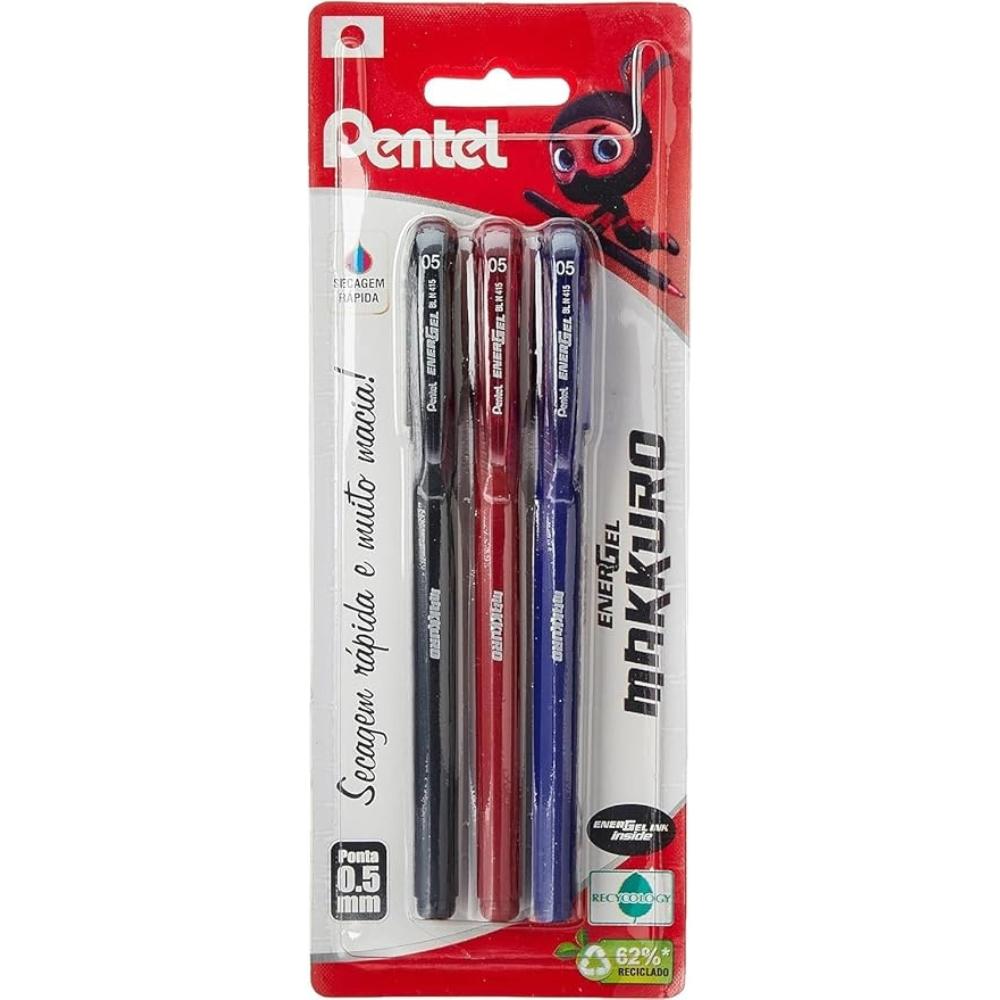 Caneta Gel Energel Pentel Makkuro, 0.5mm, Kit 3 Cores, BLN415-ABC