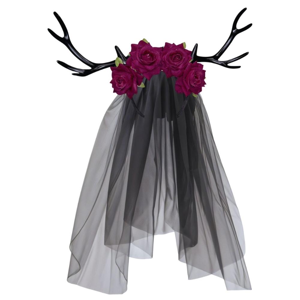 Tiara Caveira Mexicana com Chifre Flores e Véu Preto para Cosplay de Halloween