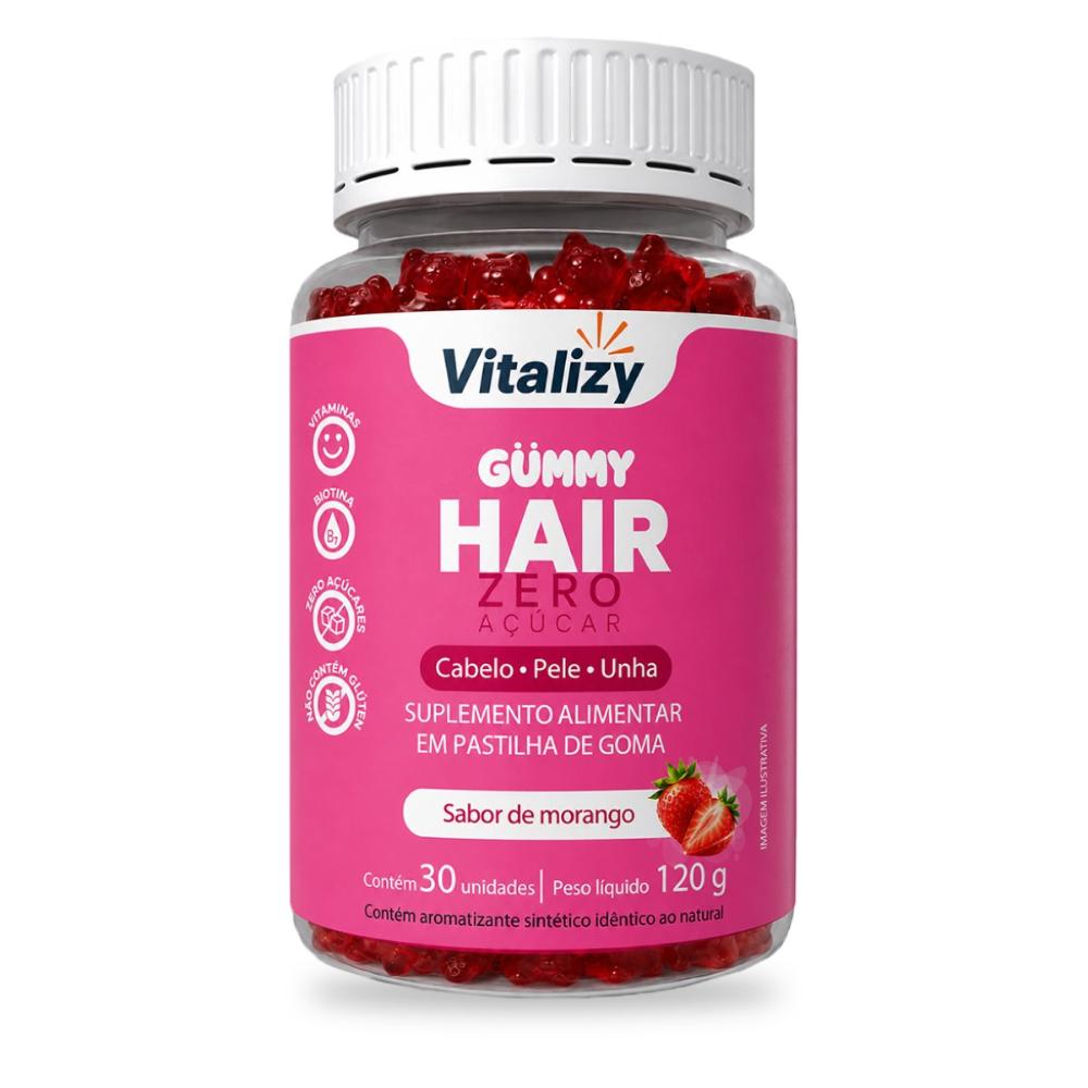 Suplemento Alimentar Gummy Hair Cabelo Pele Sabor Morango Vitalizy 30 Gomas