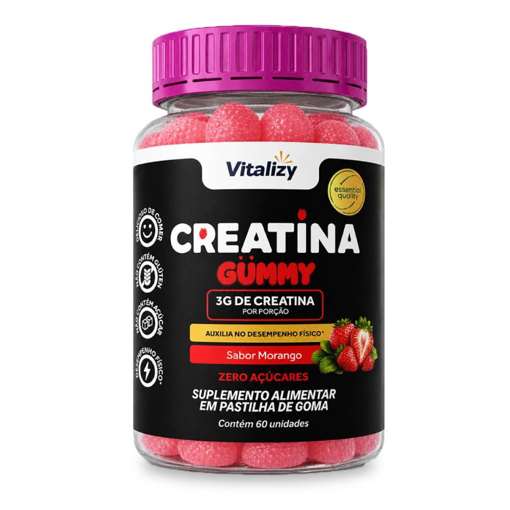 Creatina Gummy 3g Zero Açúcar 60 Gomas Sabor Morango Vitalizy