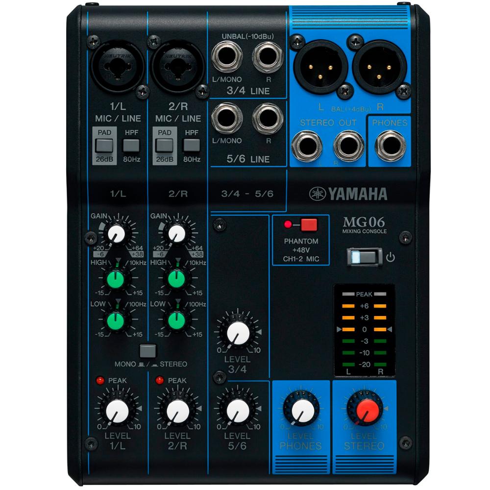 Mesa de Som Mixer Analógico Yamaha MG06 com Phantom Power 6 Canais Bivolt