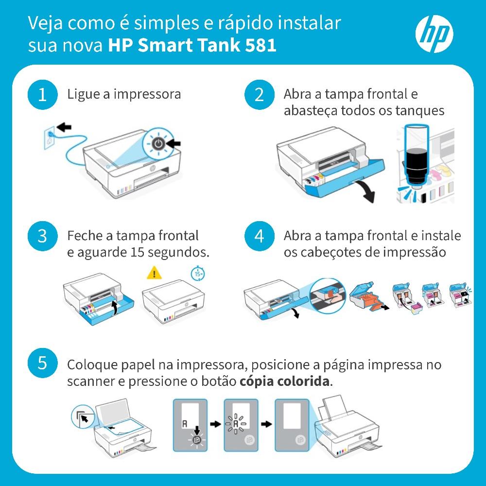 Impressora HP Smart Tank 581 All-in-One Multifuncional Thermal Inkjet Colorida USB Bluetooth Wi-Fi-Bivolt