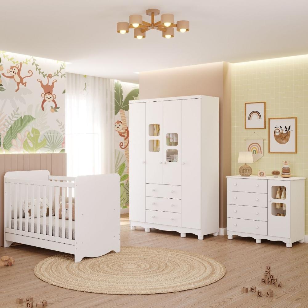 Quarto de Bebê Completo Berço Americano Ben 3 Em 1 Guarda Roupa 4 Portas 3 Gavetas e Cômoda Uli 4 Gavetas 1 Porta