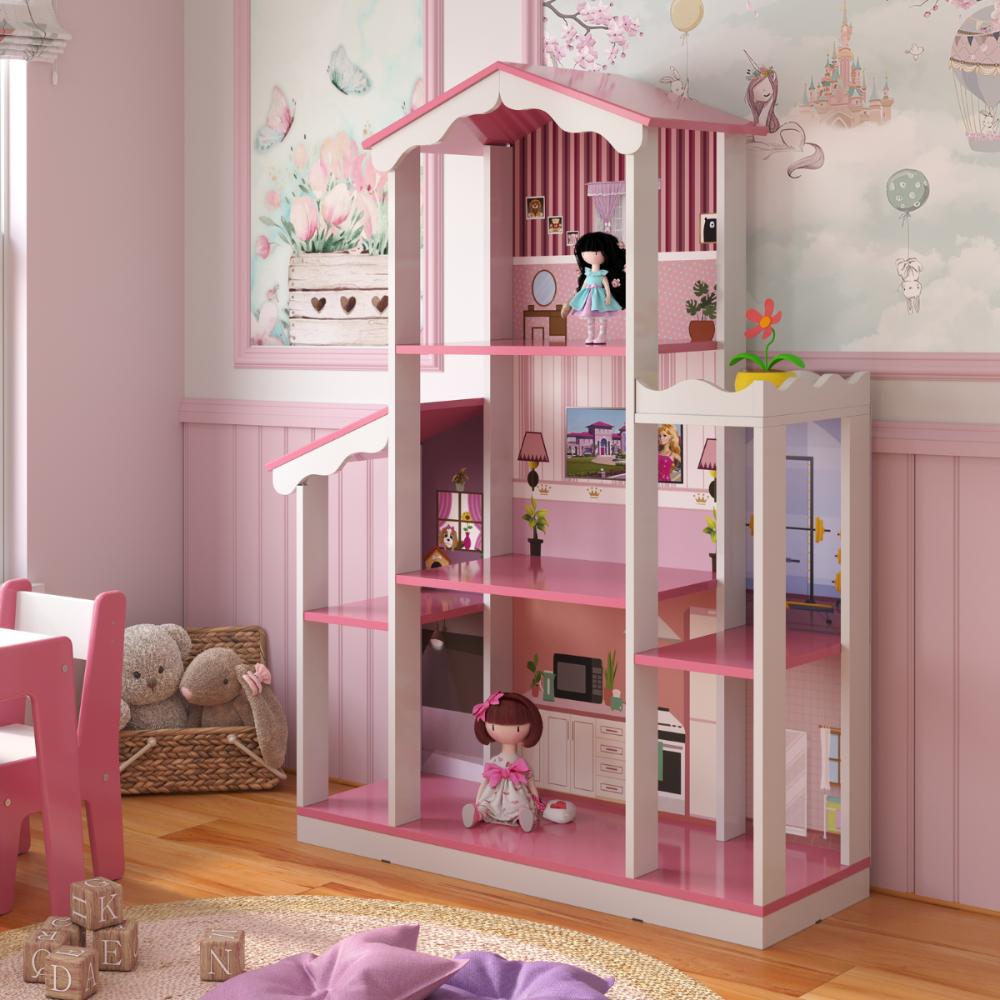 Casa de Boneca Adesivada 8 Cômodos Mugla Branco Rosa