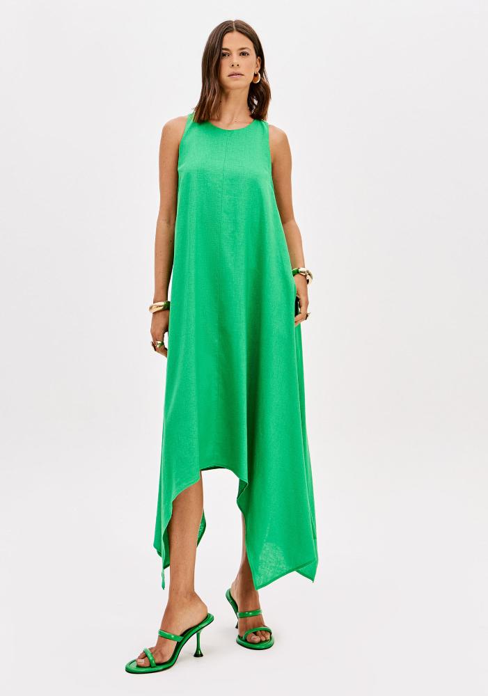 Vestido Super Midi Assimétrico Com Linho