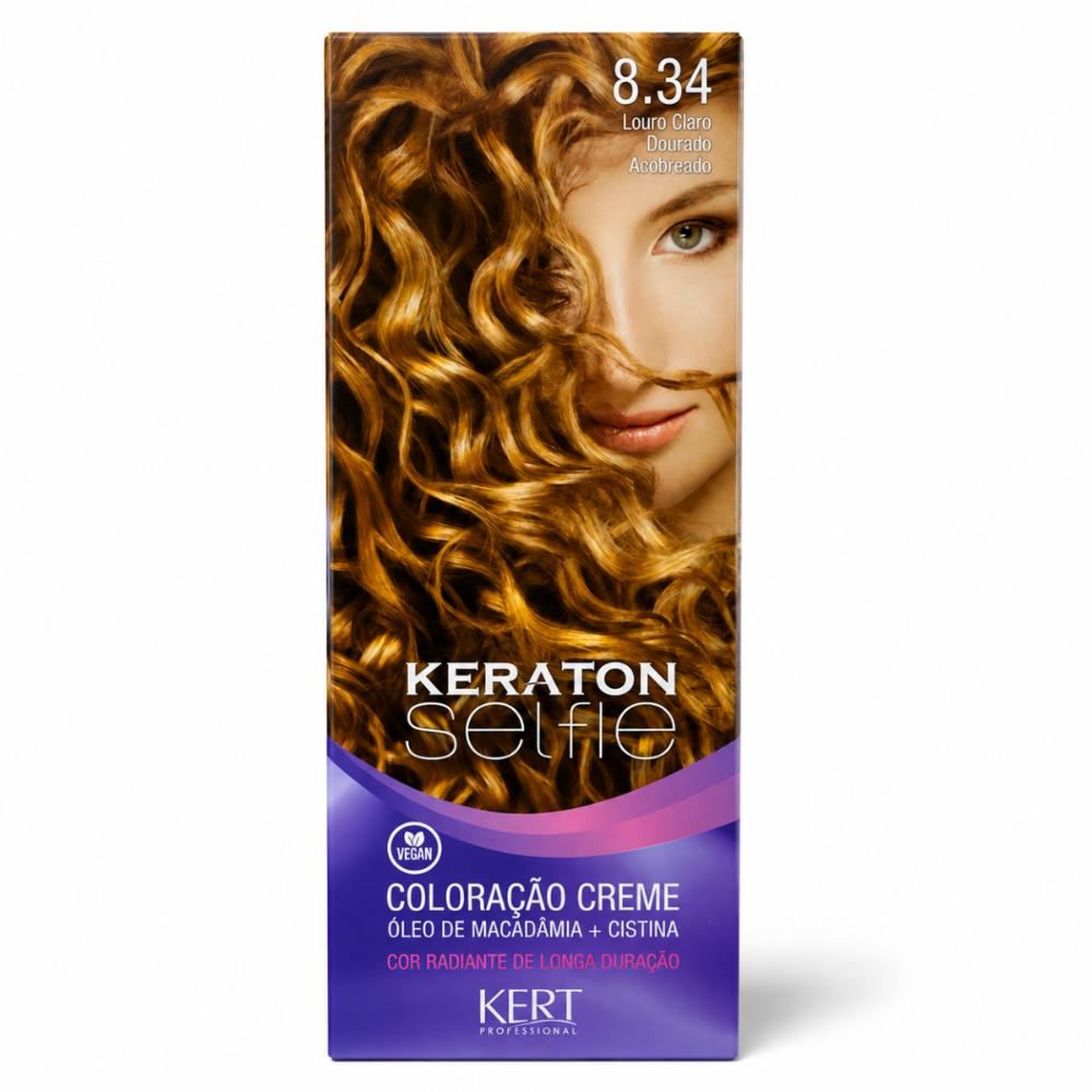Coloração Permanente Keraton Selfie 8.34 Louro Claro Dourado Acobreado 50g