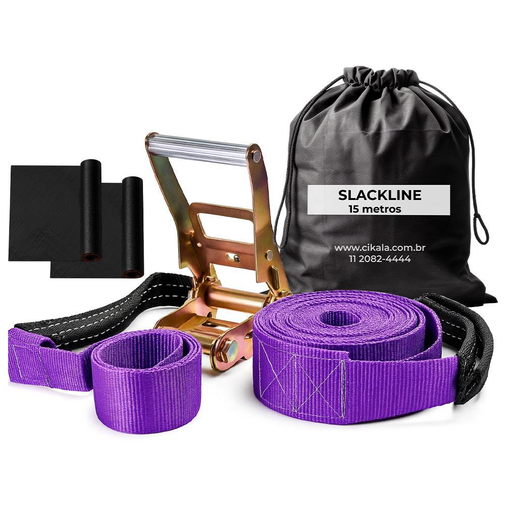 Slackline Roxo 15 M Catraca + Alças + Protetores + Bolsa