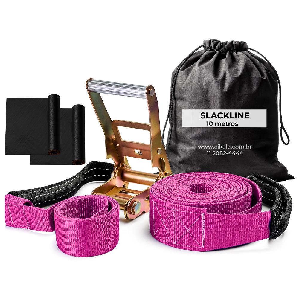 Slackline Rosa 10 M Catraca + Alças + Protetores + Bolsa
