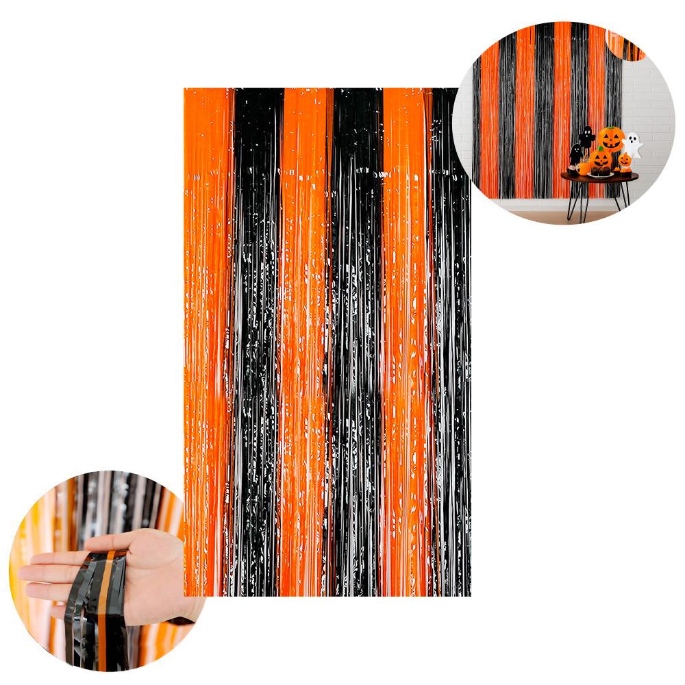 Cortina Metalizada Halloween Laranja E Preta Com 100x200Cm