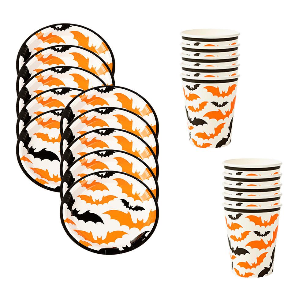 Kit Descartáveis Prato E Copo De Papel Halloween Morcegos Com 20 Unidades