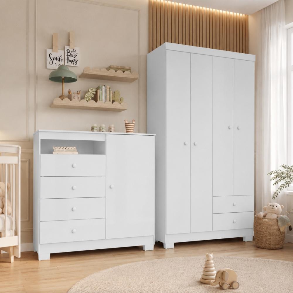 Guarda Roupa Infantil 4 Portas Branco Flex Com Cômoda Sapateira 1 Porta 4 Gavetas Aquarela Branco Clique Chique