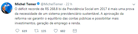 Presidente Michel Temer utiliza o Twitter para comentar os déficit da Previdência
