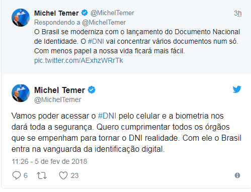 Tweets de Michel Temer sobre o DNI