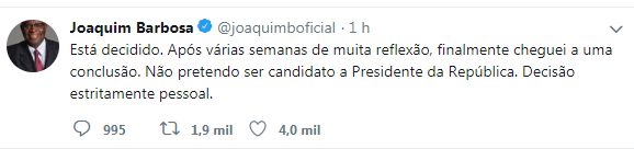 Mensagem publicada por Joaquim Barbosa no Twitter / Créditos: Reprodução Twitter Mensagem publicada por Joaquim Barbosa no Twitter