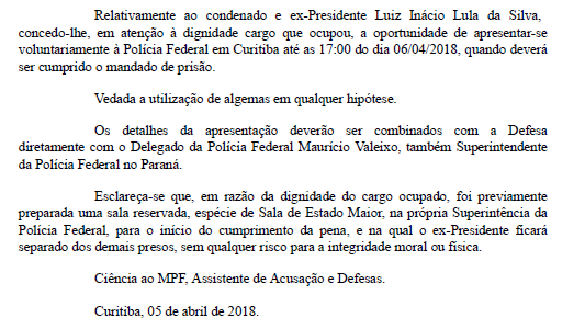 Veja despacho de Moro, que decretou a prisão de Lula