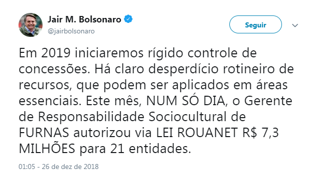 Tweet de Bolsonaro sobre concessões federais