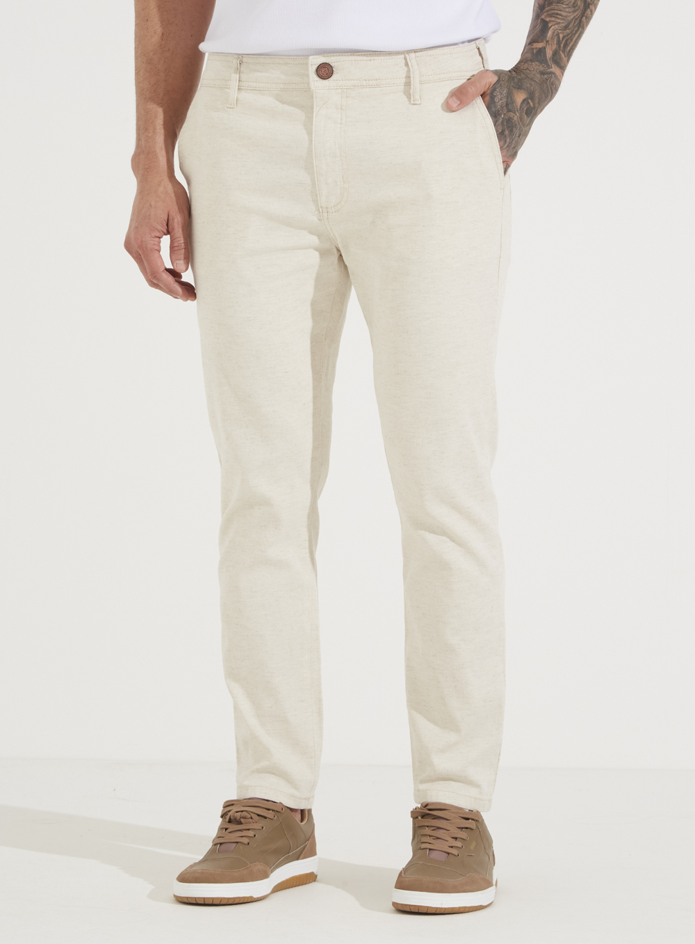 CALÇA LINHO 42 OFF/MARROM/CINZ