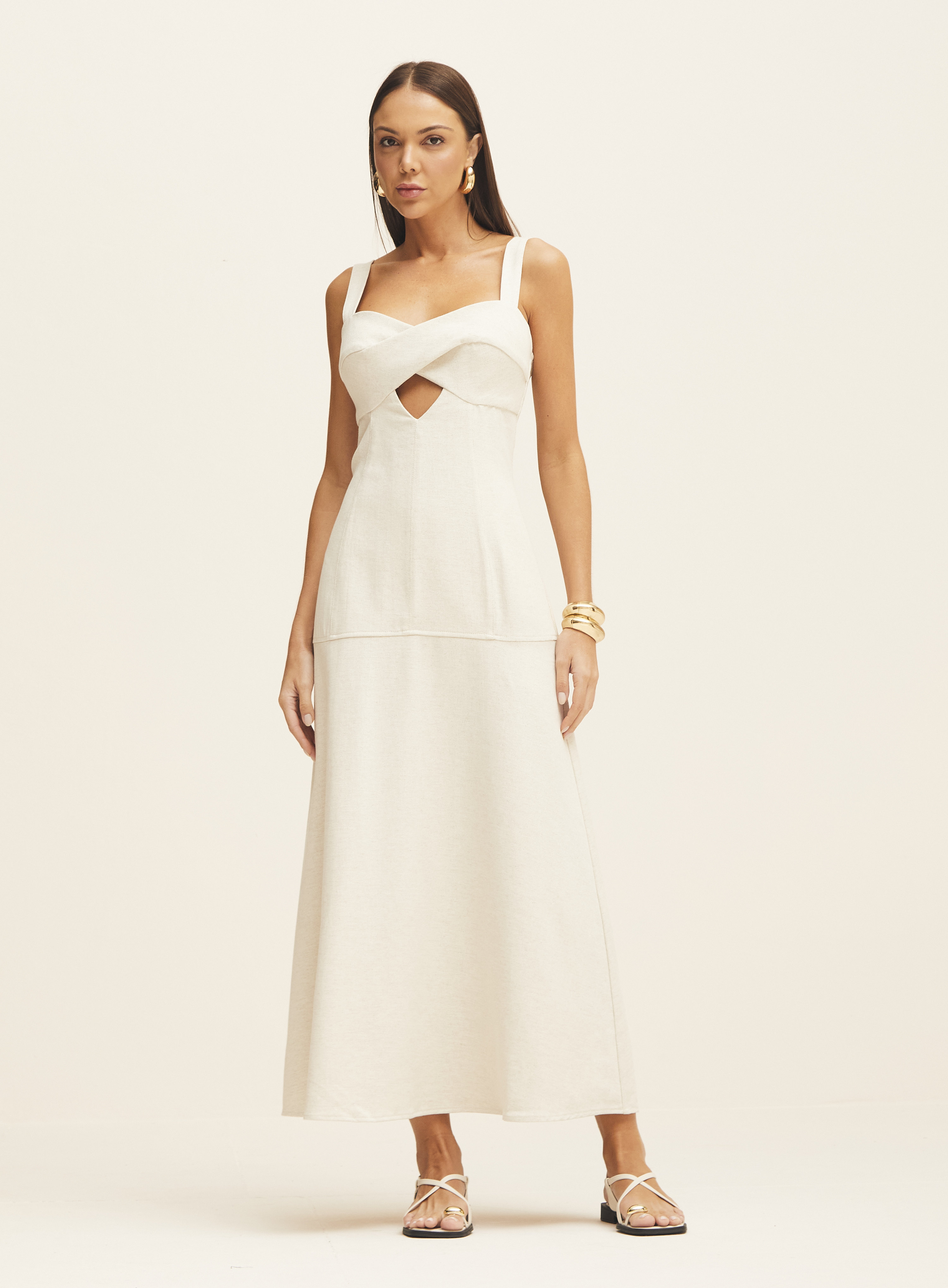 VESTIDO LINHO P BEGE/MARROM/PRA