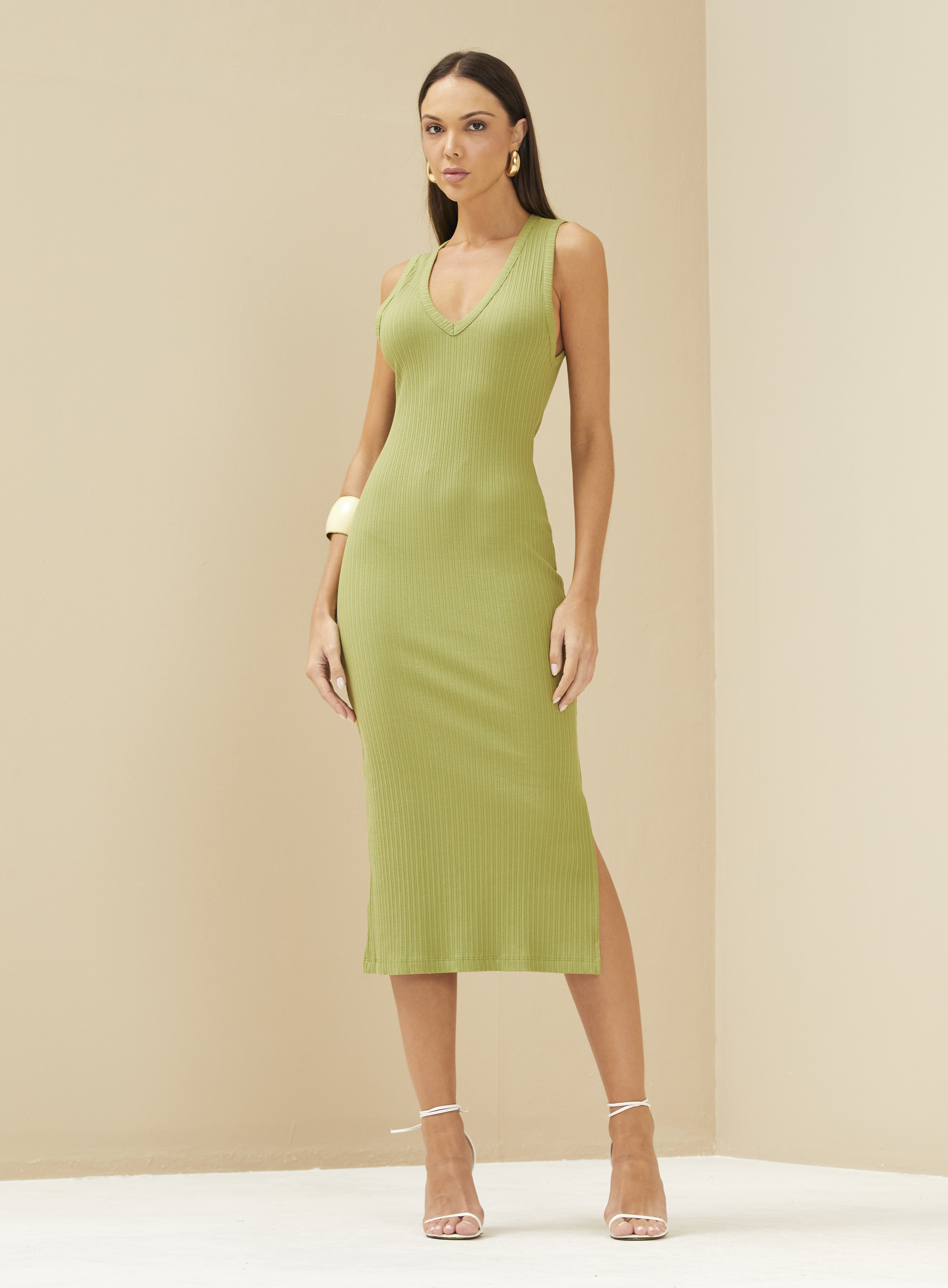 VESTIDO CANELADO P VERDE MADU