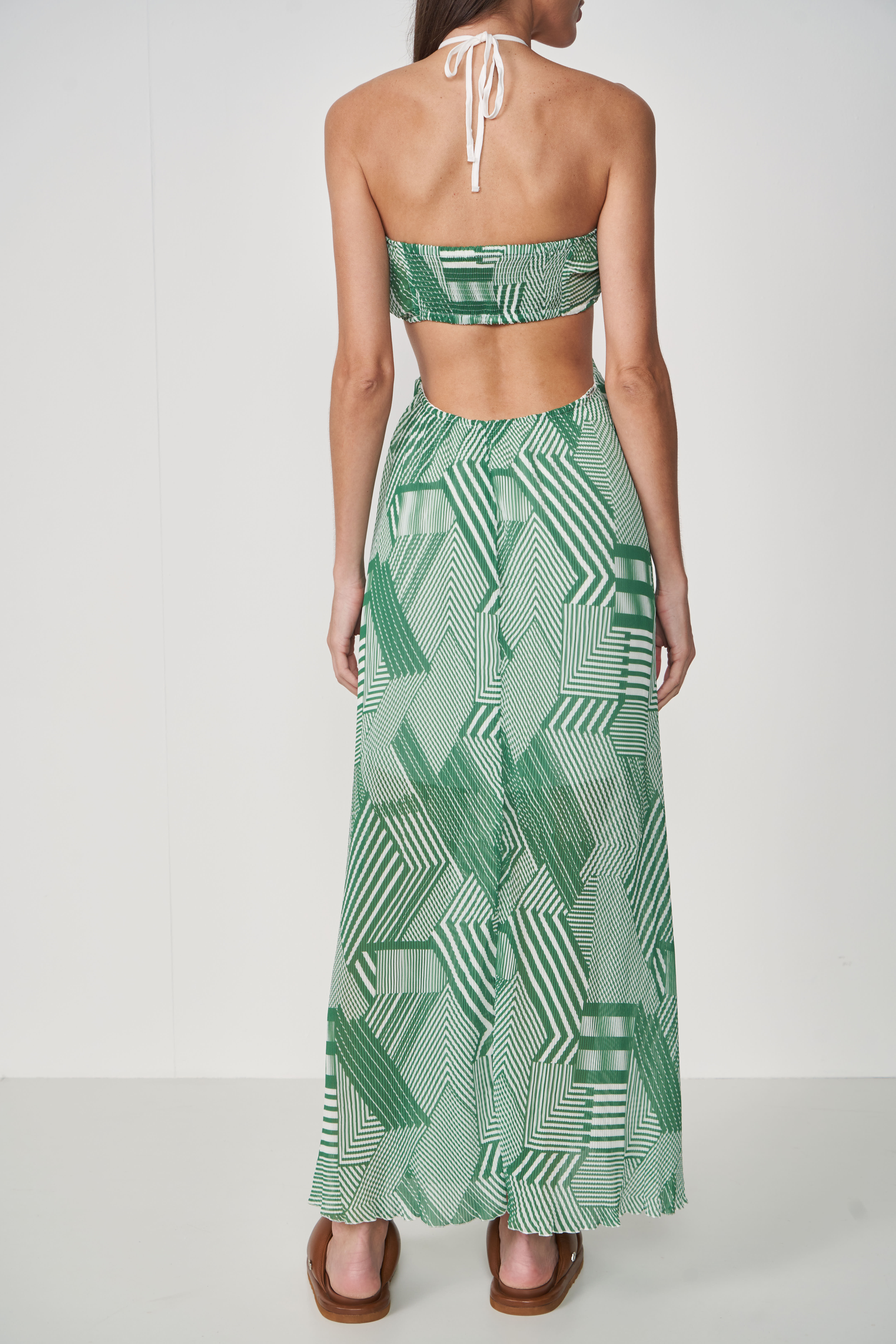 VESTIDO PLISSADO ESTAMPADO M VERDE/BRANCO