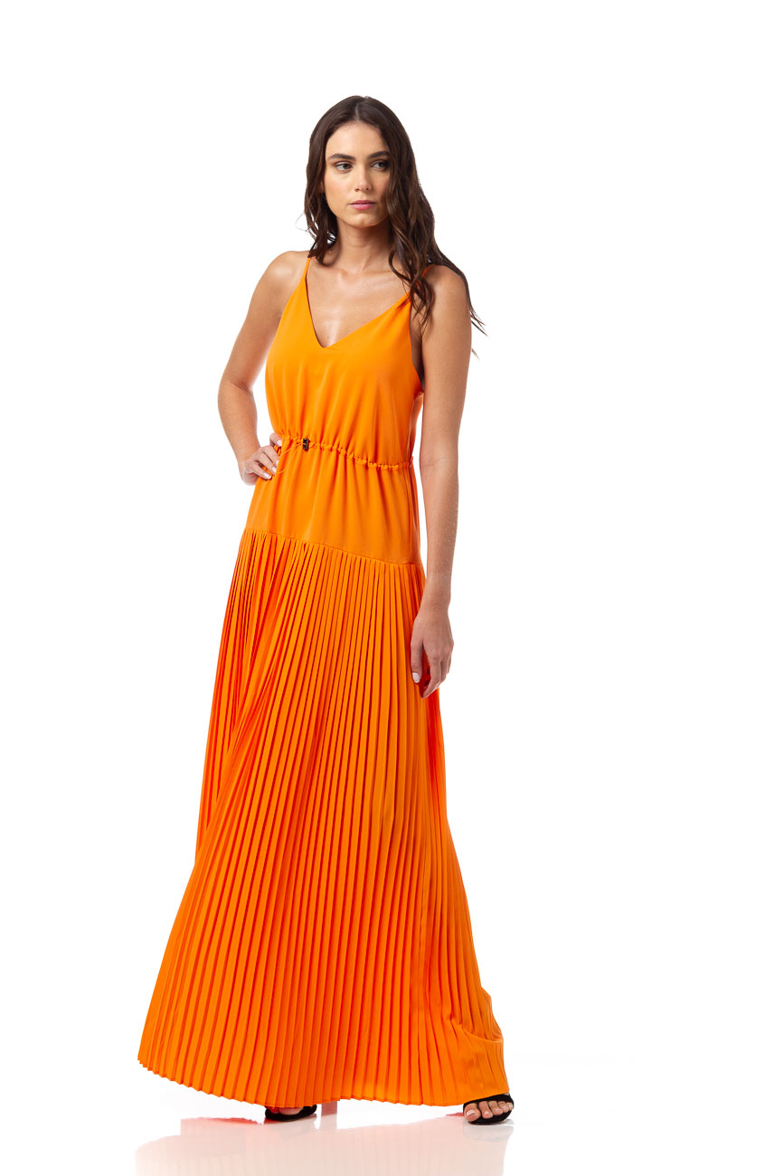 VESTIDO LONGO DETALHE PLISSADO 38 LARANJA PRESIA