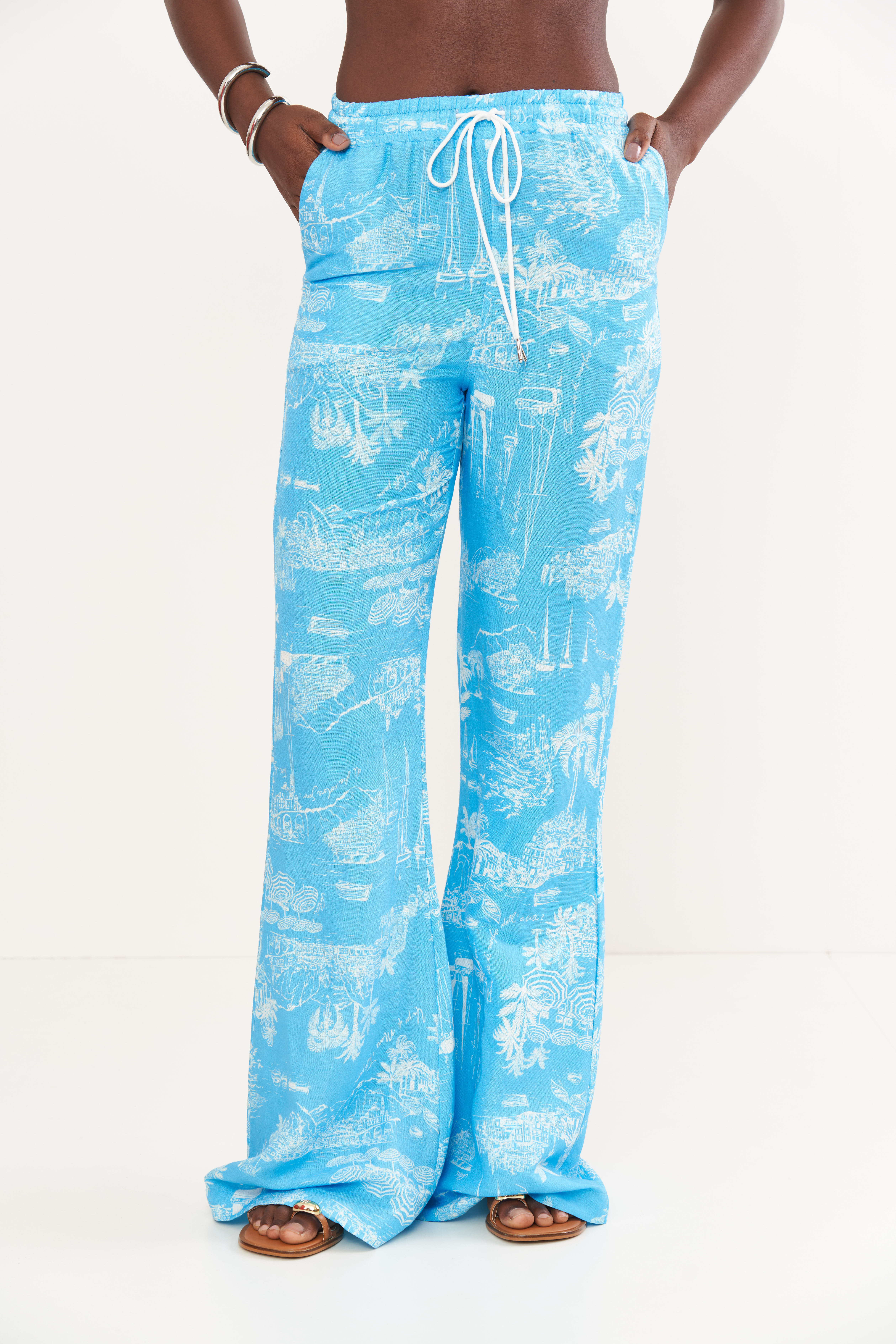 CALÇA LINHO ESTAMPADA P AMALFI BLUE