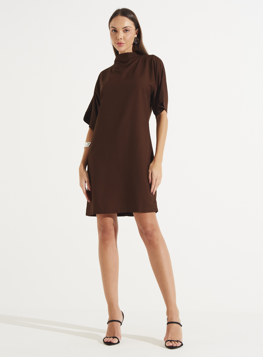 VESTIDO LINHO M MARROM MESCLADO