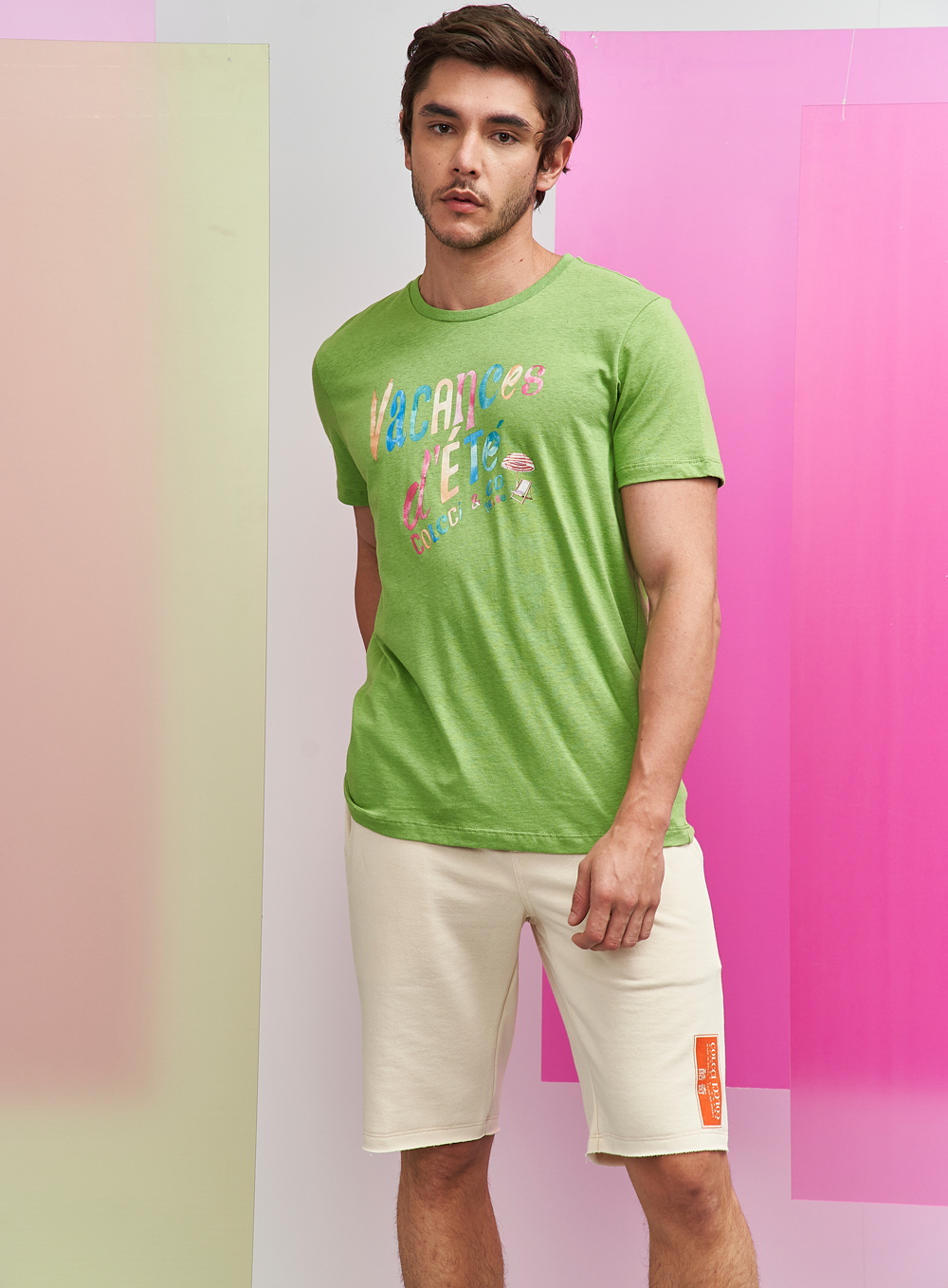 CAMISETA LINHO ESTAMPADA P AMARELO/MARROM