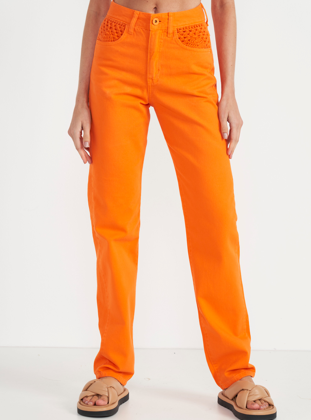 CALÇA SARJA KENDALL DETALHE CROCHÊ 36 LARANJA HEAT