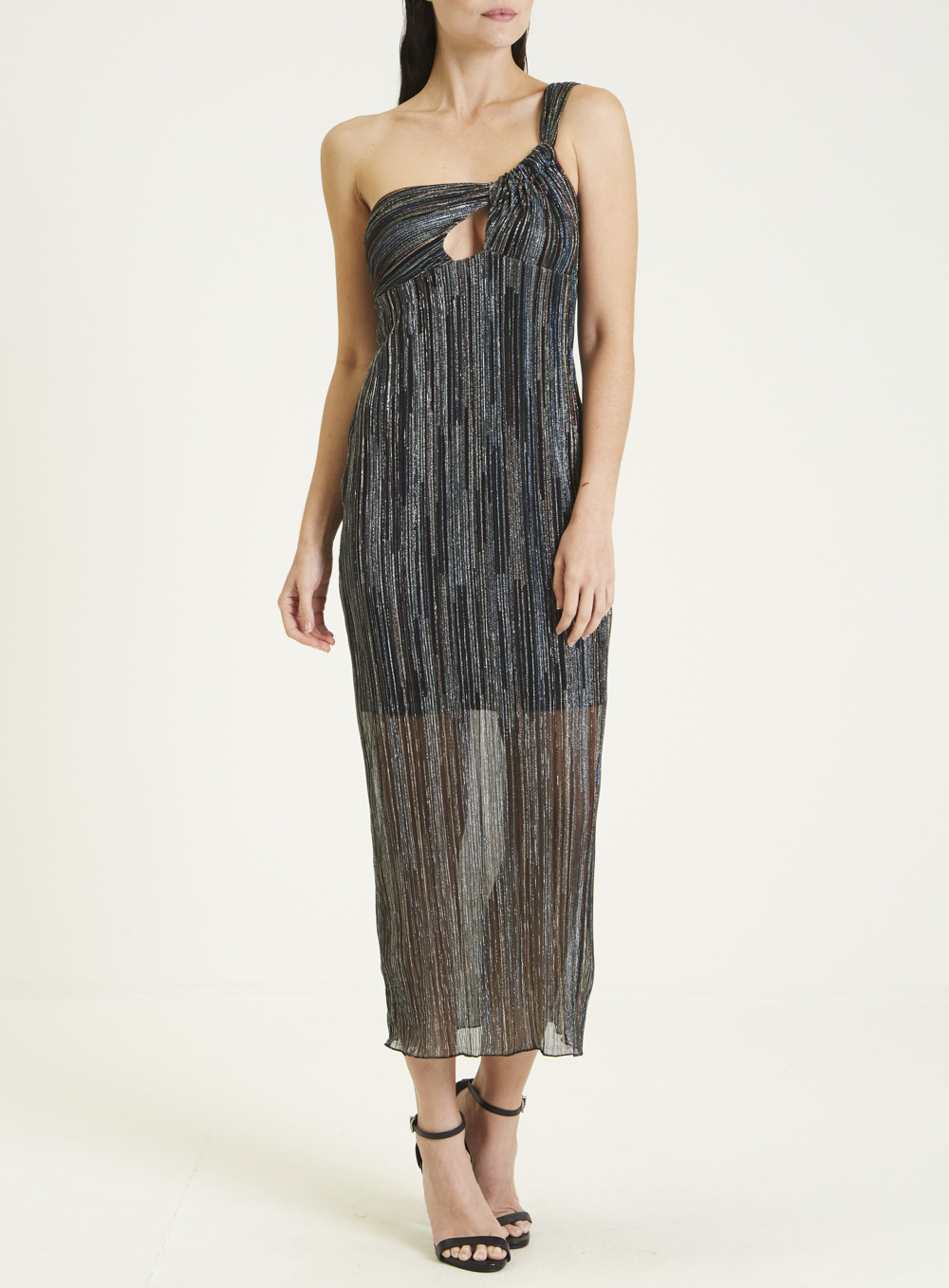 VESTIDO PLISSADO METALIZADO PP PRETO/AZUL/VERM