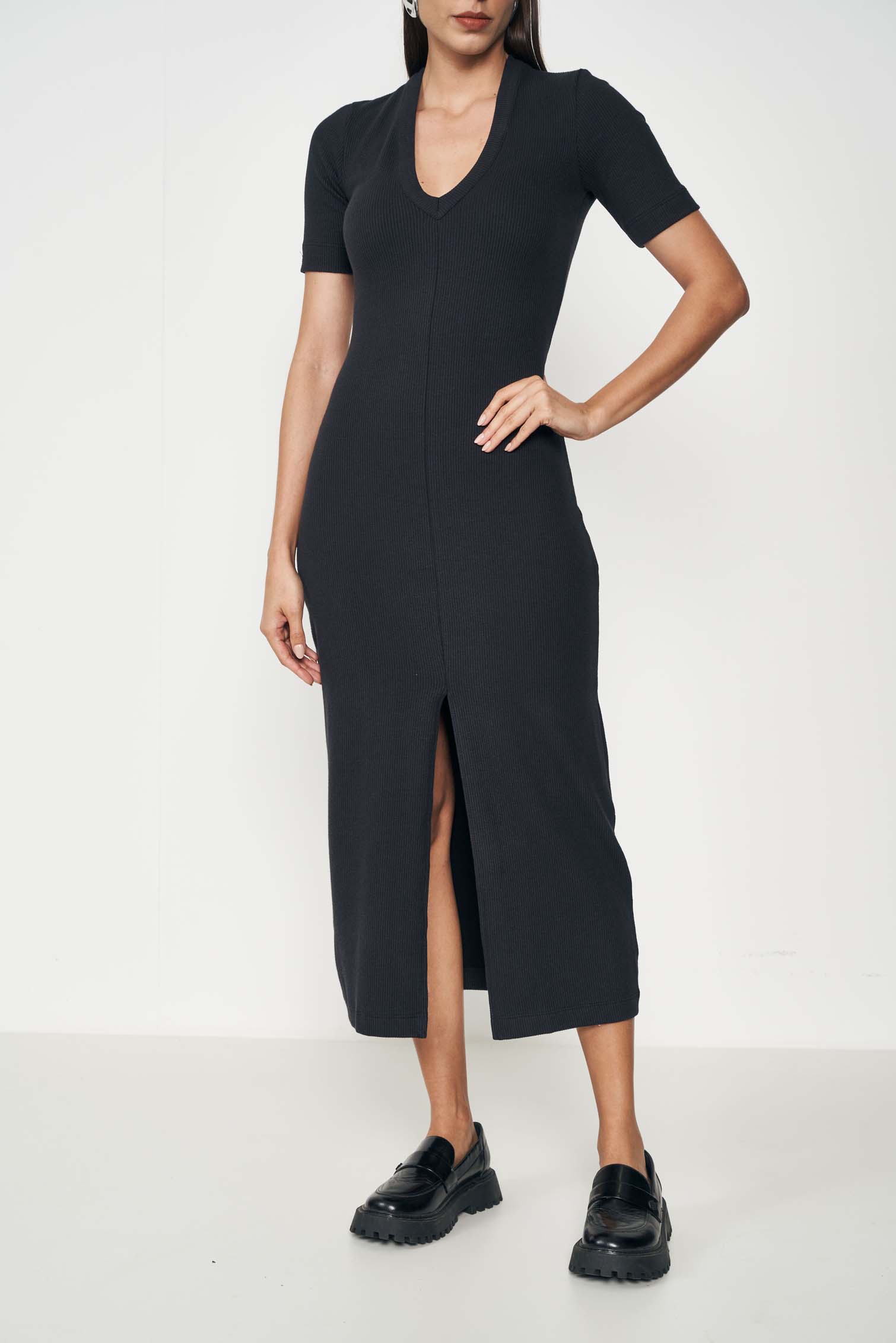 VESTIDO CANELADO G PRETO