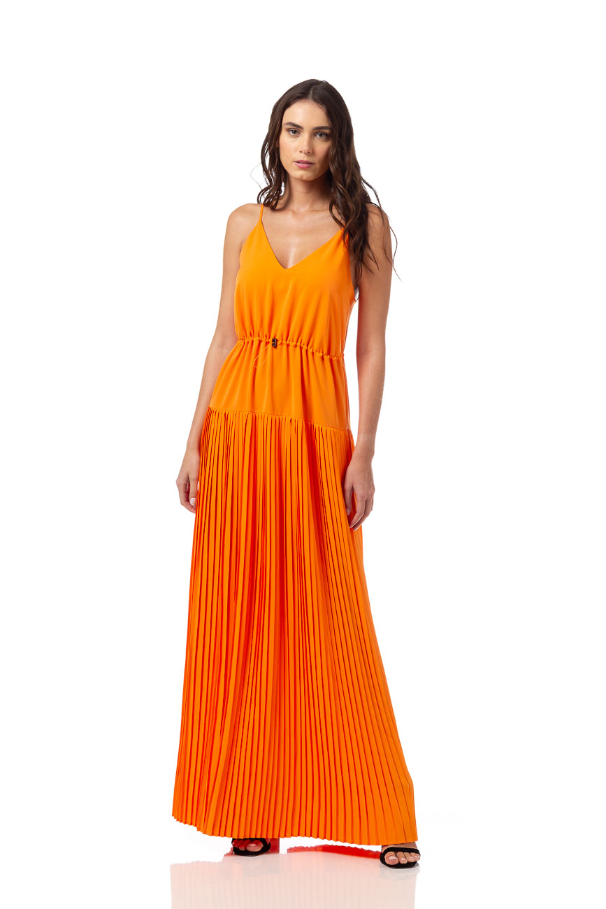 VESTIDO LONGO DETALHE PLISSADO 38 LARANJA PRESIA