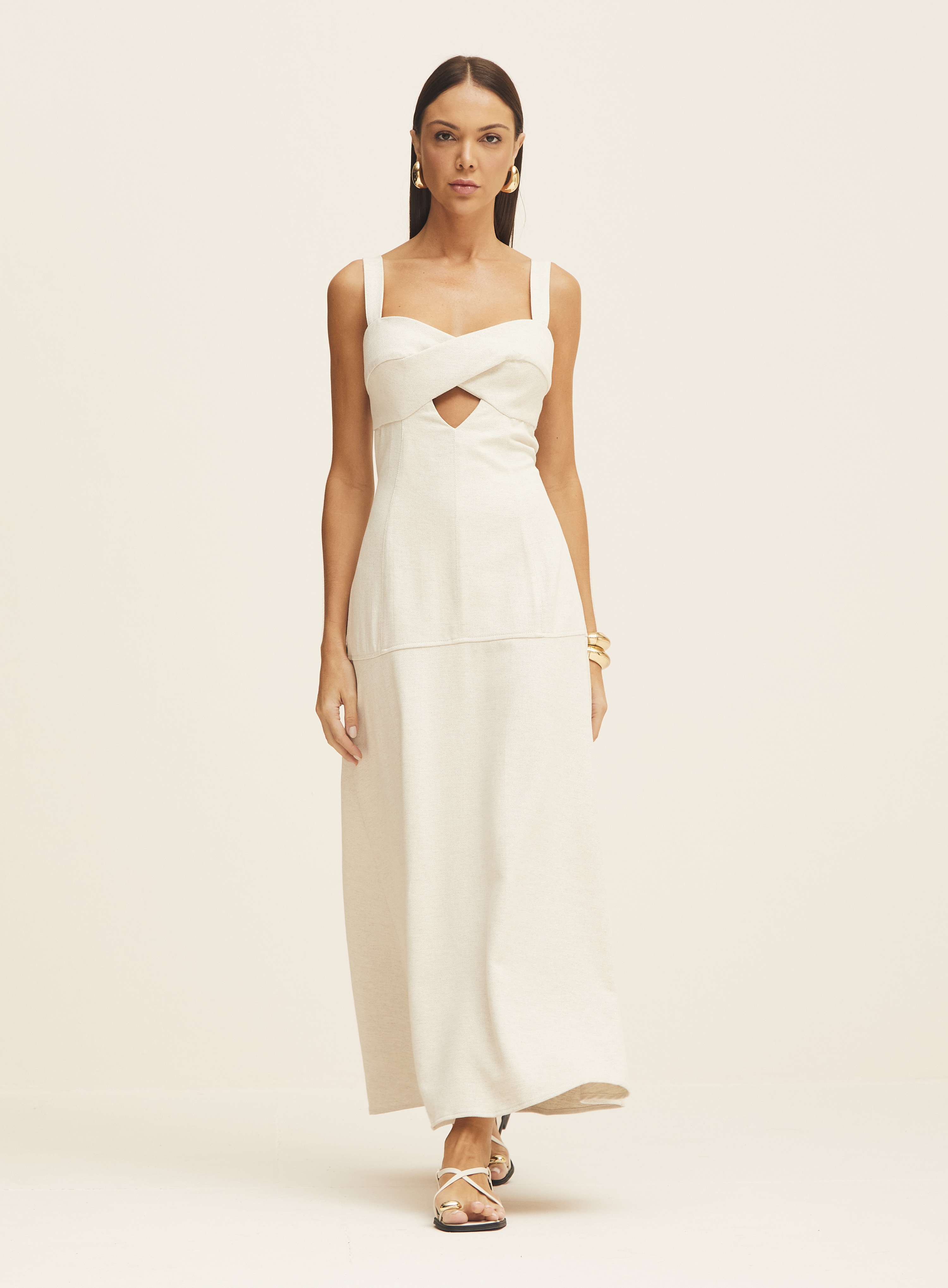 VESTIDO LINHO P BEGE/MARROM/PRA