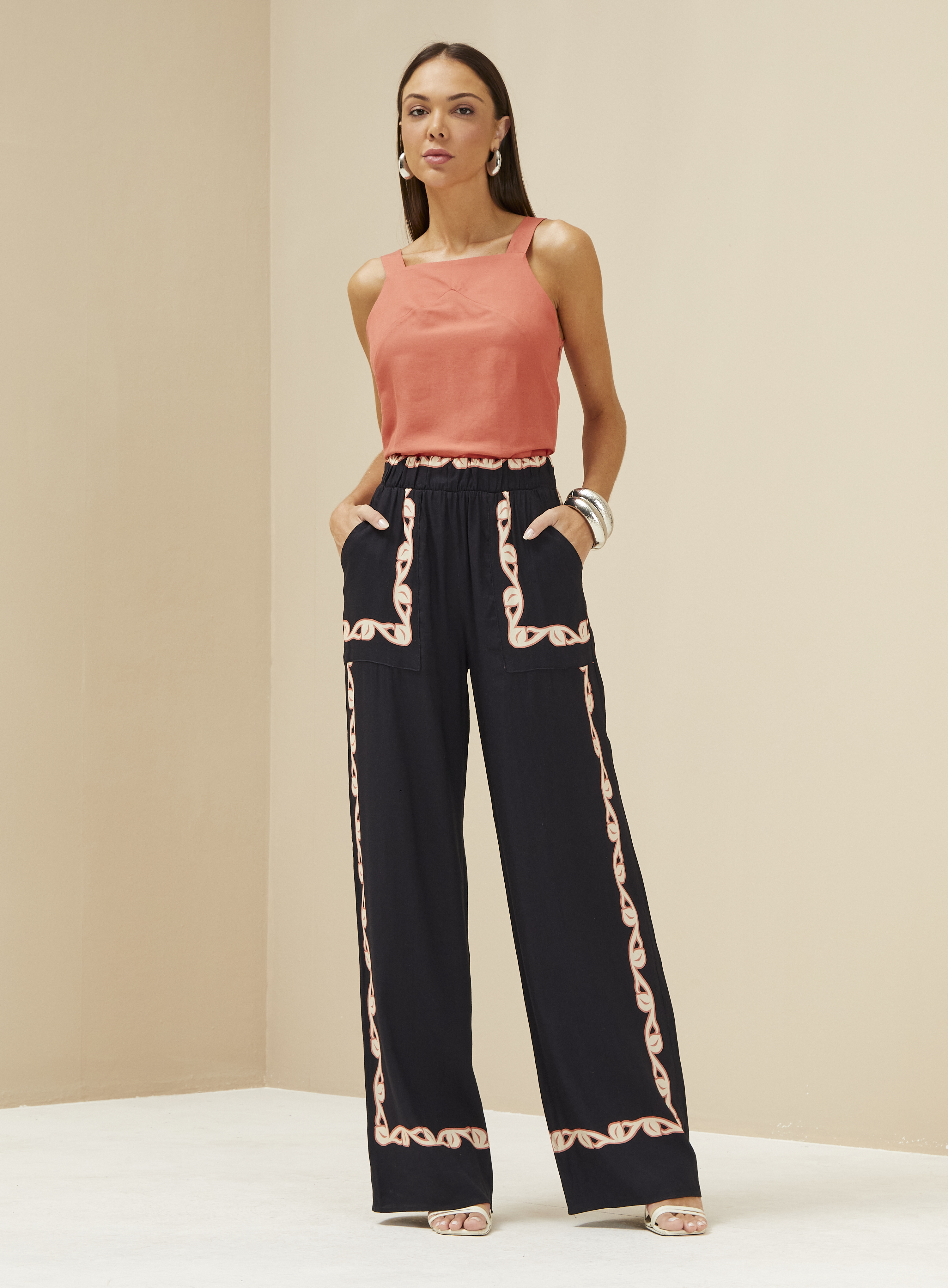 CALÇA LINHO ESTAMPADO G PALM