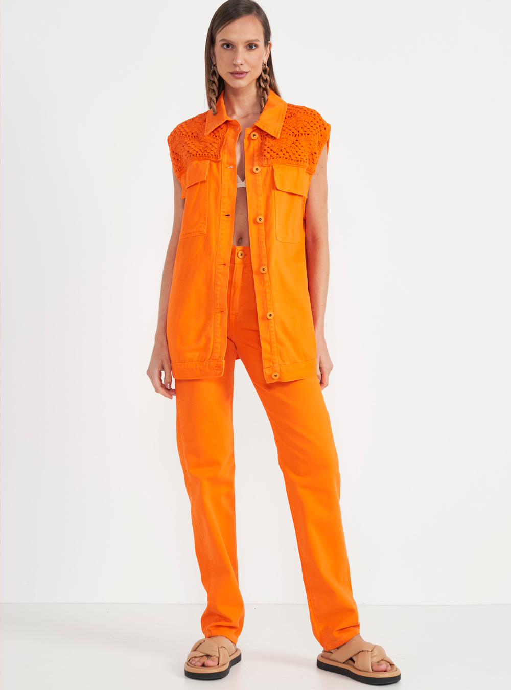 CALÇA SARJA KENDALL DETALHE CROCHÊ 36 LARANJA HEAT