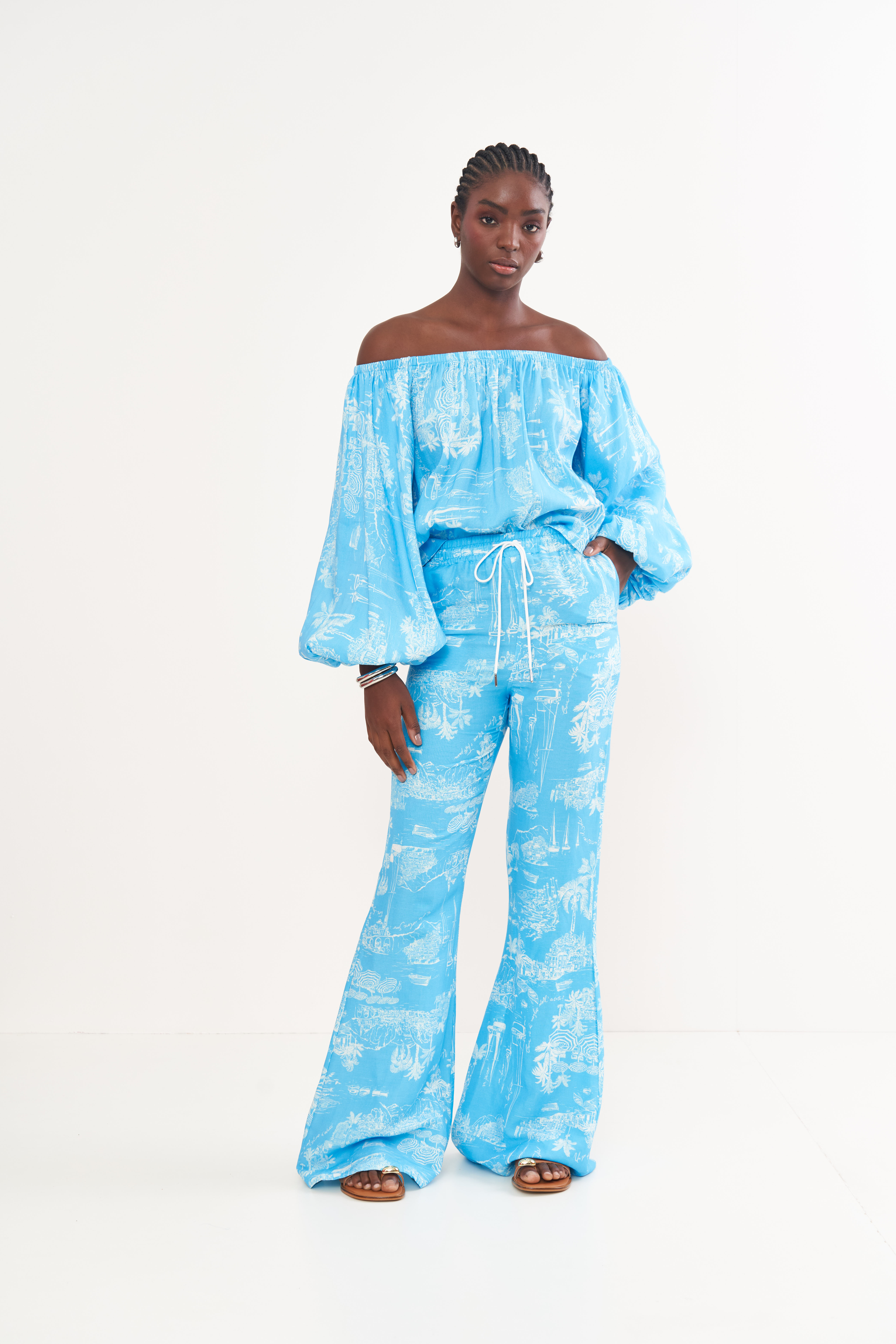 CALÇA LINHO ESTAMPADA P AMALFI BLUE
