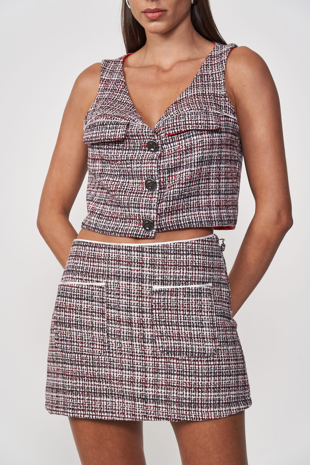 COLETE TWEED G VERMELHO/PRETO/