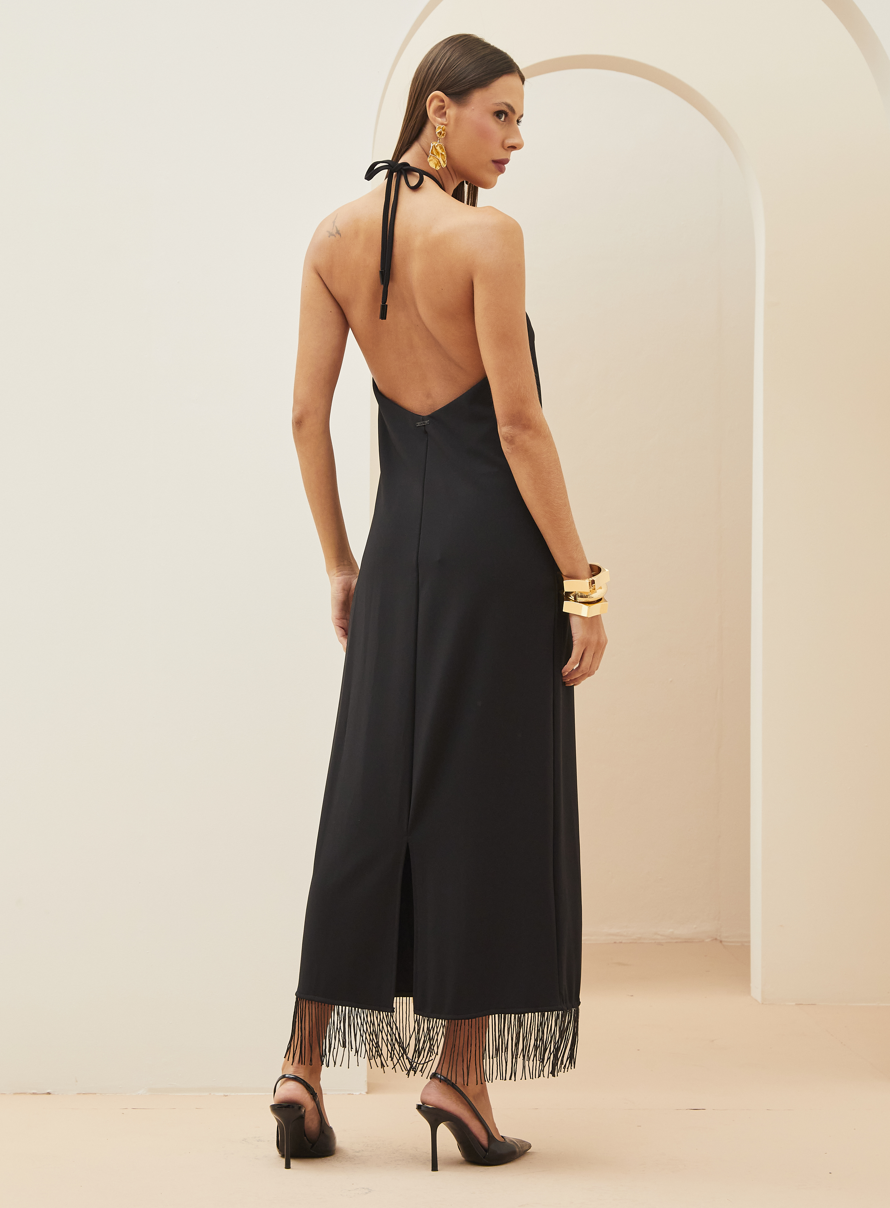 VESTIDO COM FRANJA P PRETO