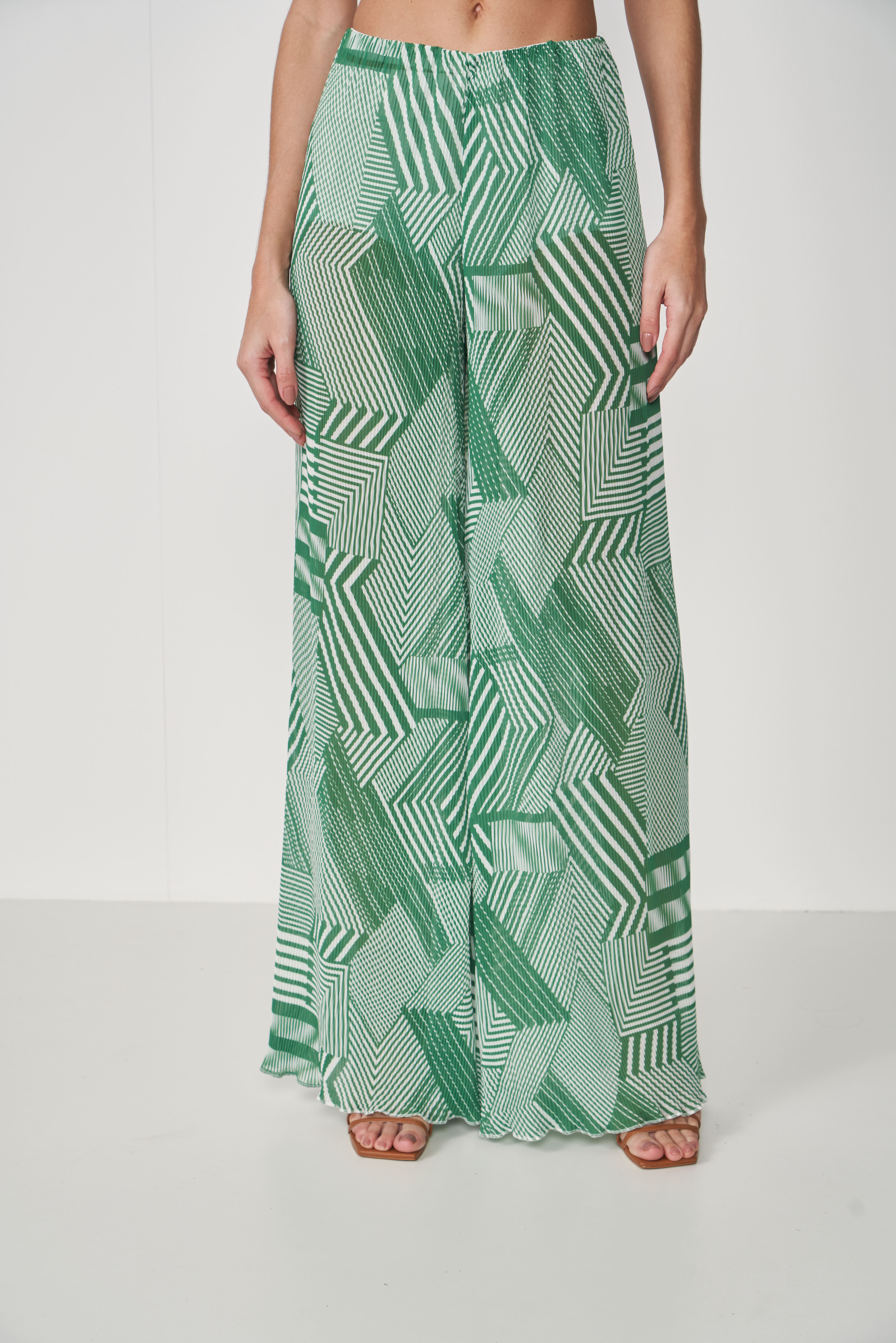 CALÇA PLISSADA ESTAMPADA M VERDE/BRANCO