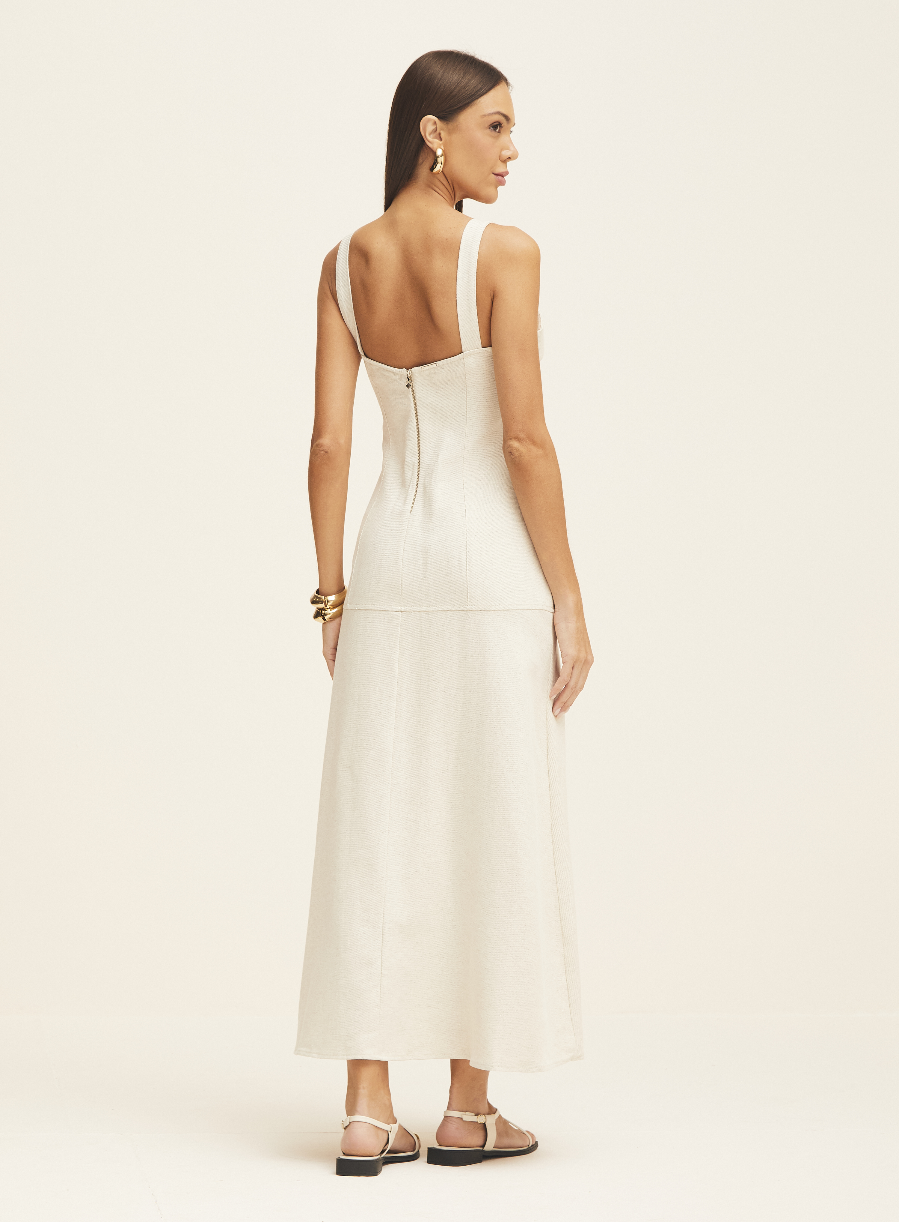 VESTIDO LINHO P BEGE/MARROM/PRA