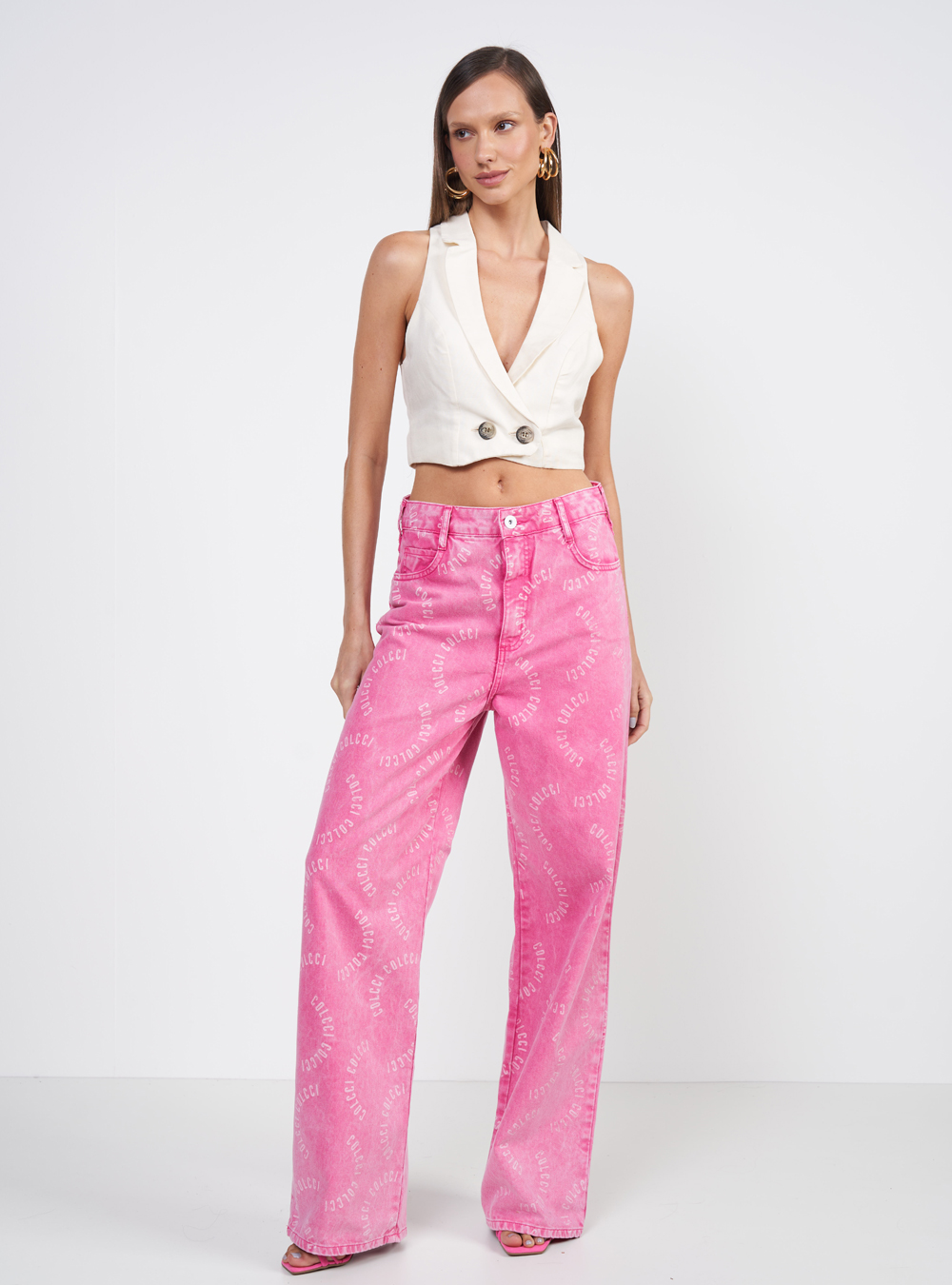 CALÇA SARJA BRUNA LOW ESTAMPADA 38 ROSA/ BRANCO