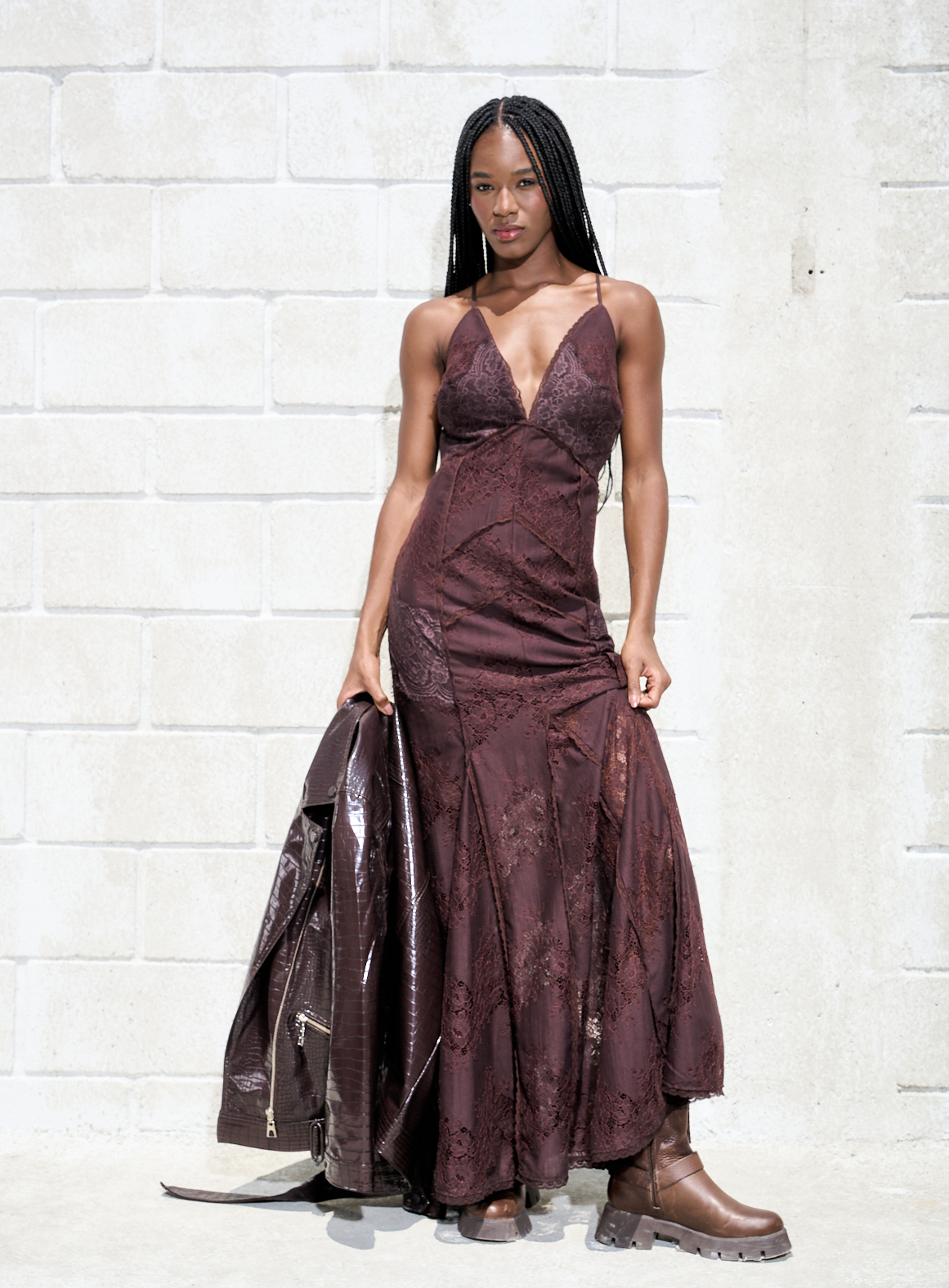 VESTIDO RENDA P MARROM HOLLOW