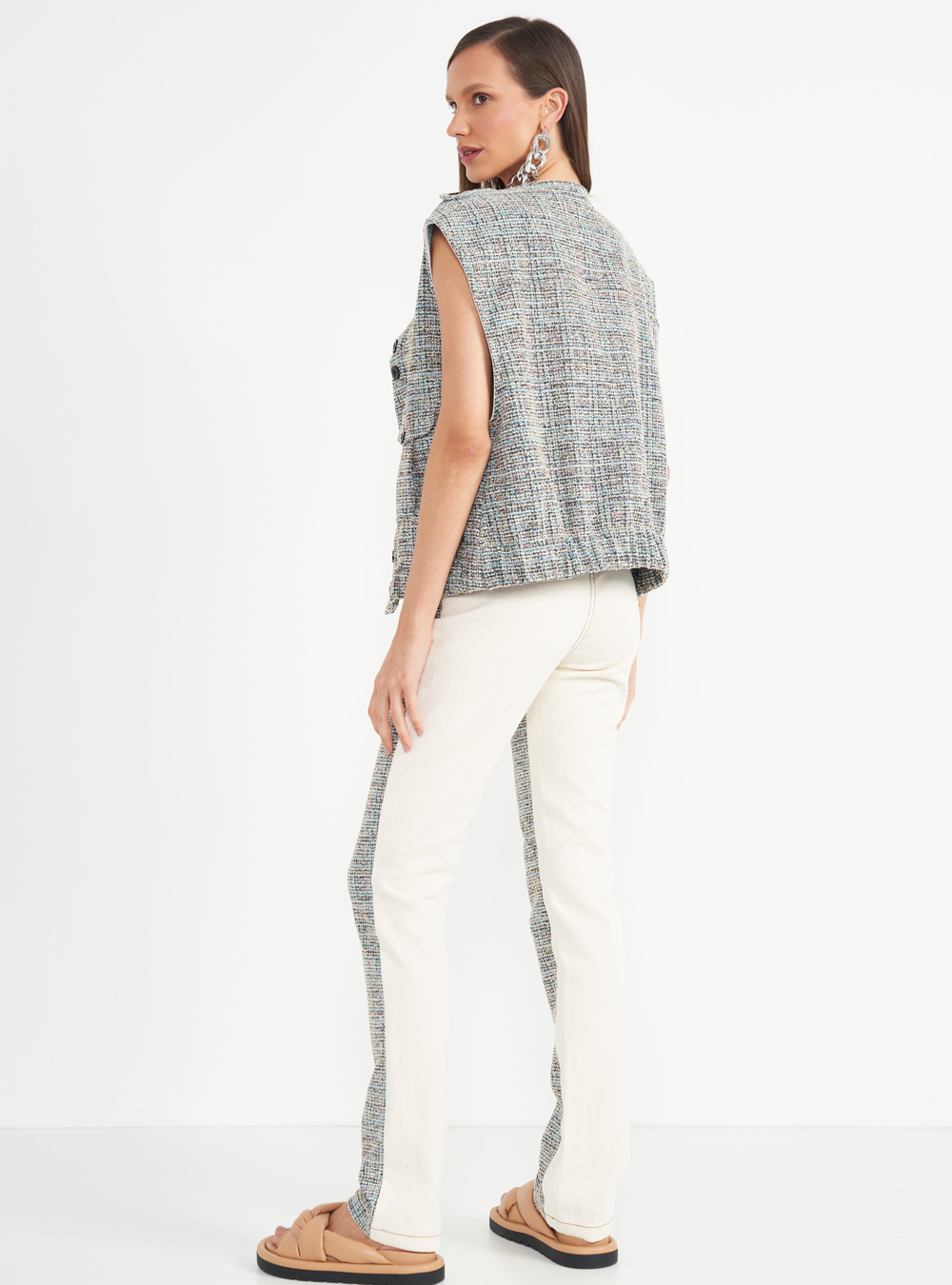 CALÇA SARJA DETALHE TWEED KENDALL 36 AZUL/OFF/MARR